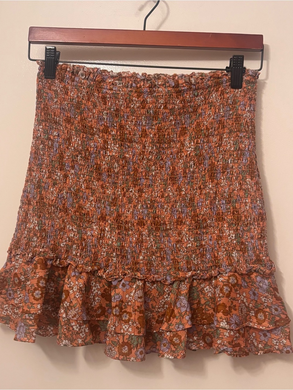 Veronica Beard Rust Floral Smocked Mini Skirt